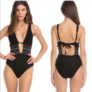 Isabella Rose One Piece Bathing Suit - Black w/ Embroidered Waist Band Large NWT